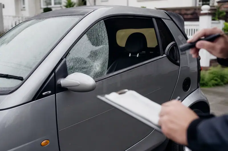 Une personne examine la vitre latérale fissurée d’une petite voiture grise avec une tablette à pince