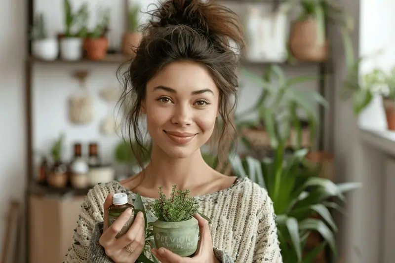 Femme souriante tenant un pot en verre et une petite plante dans un intérieur végétalisé