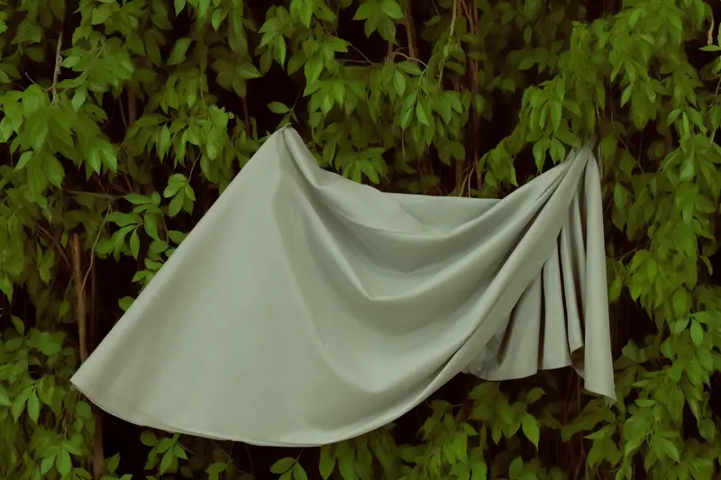 Un tissu vert pâle drapé entre des branches devant un feuillage dense