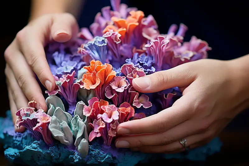 Deux mains disposent des fleurs artificielles violettes, roses et orange sur une base bleue texturée