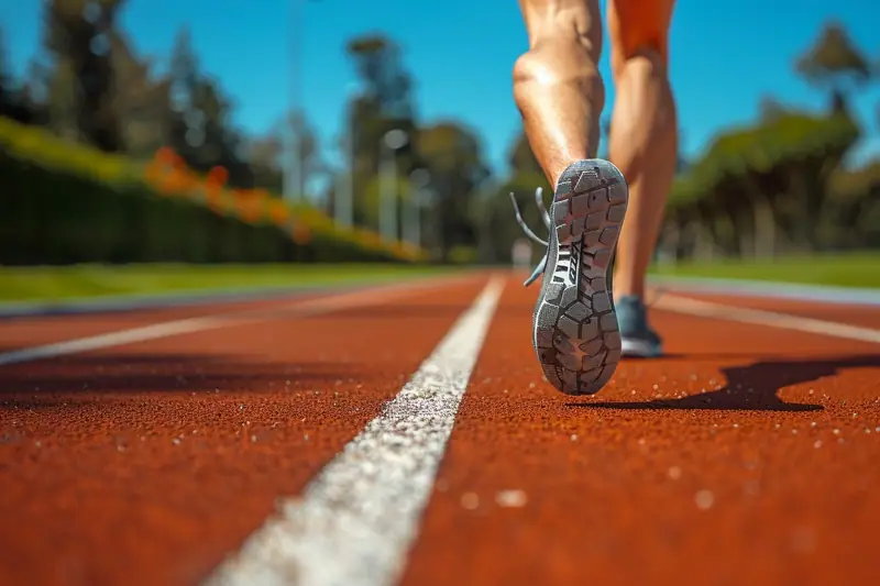 Jambes d’une personne avançant sur une piste rouge, chaussure levée au-dessus d’une ligne blanche