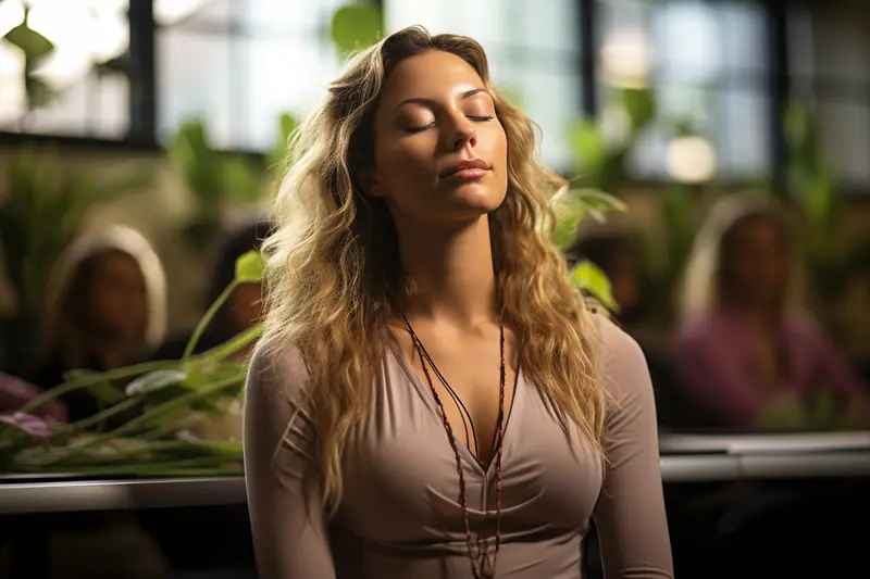 Femme aux yeux fermés assise devant des plantes, deux personnes floues derrière elle