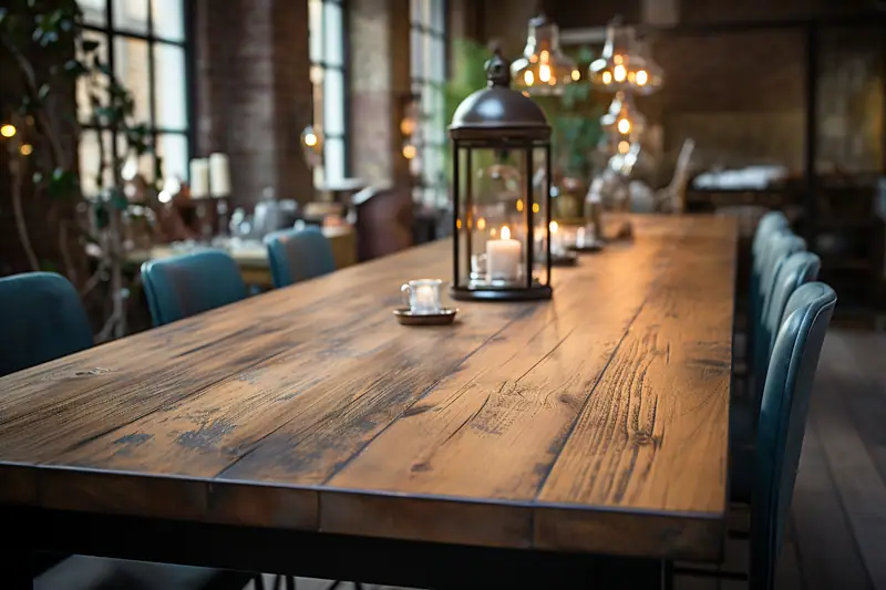 Grande table en bois brut entourée de chaises bleues, avec lanterne allumée au centre