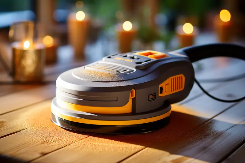 Ponceuse électrique noire et orange posée sur une table en bois, avec câble visible