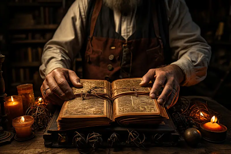 Des mains ouvrent un livre ancien relié, entouré de bougies et d’outils sur une table sombre