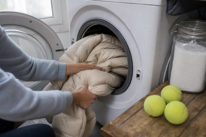 Une personne place une doudoune beige dans le tambour d’un lave-linge ouvert