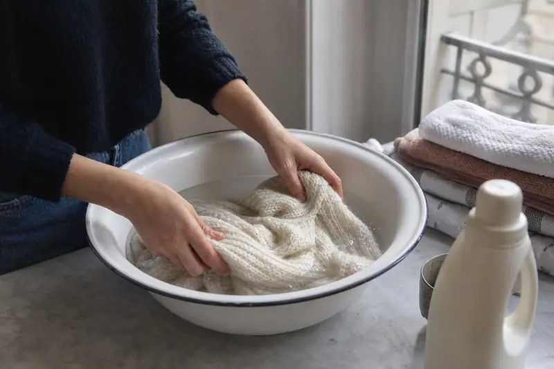 Des mains immergent un pull blanc dans une bassine d’eau posée sur une table grise