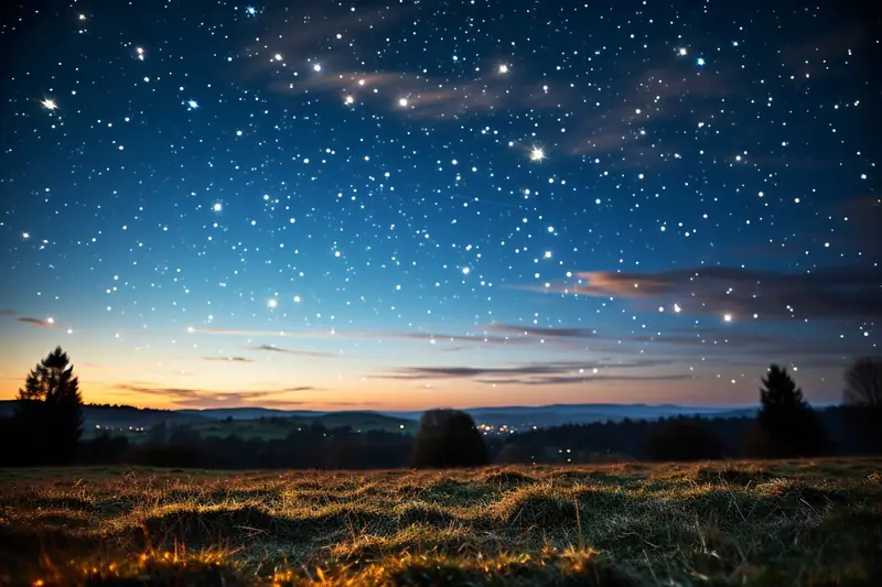 Ciel nocturne étoilé au-dessus d’un champ herbeux, avec nuages rosés et horizon boisé sombre