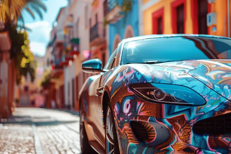 Voiture sportive recouverte de motifs colorés stationnée dans une rue pavée bordée d’immeubles