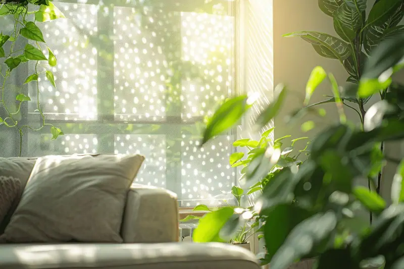Canapé beige devant une fenêtre tamisée, entouré de plantes vertes en pots