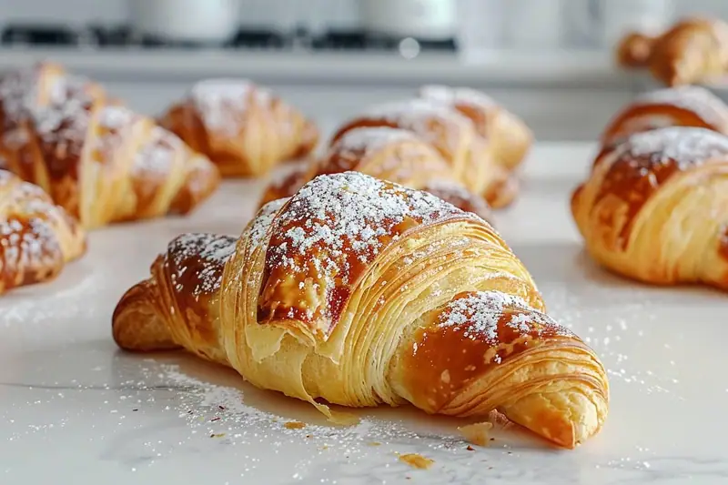 Croissants dorés saupoudrés de sucre glace sur une plaque blanche, avec d’autres viennoiseries floues derrière