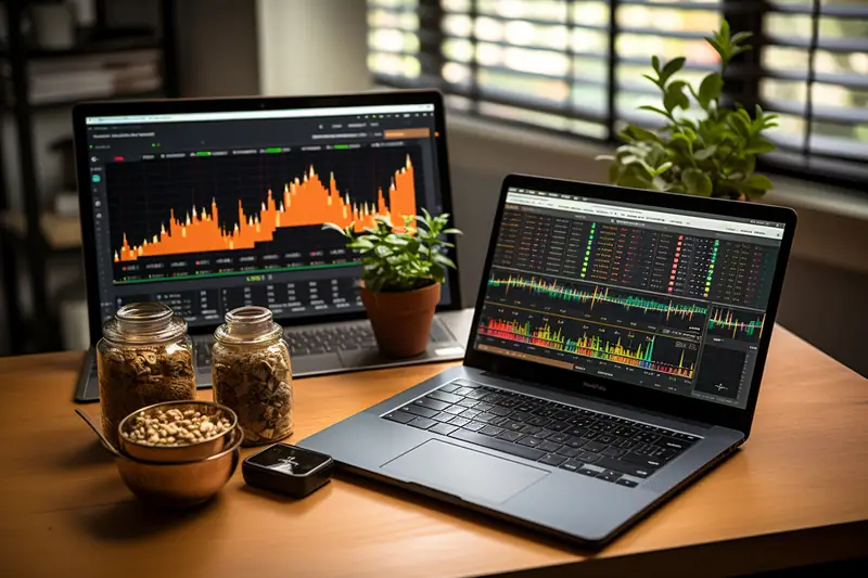 Deux ordinateurs portables affichant des graphiques colorés sur un bureau avec plantes et bocaux
