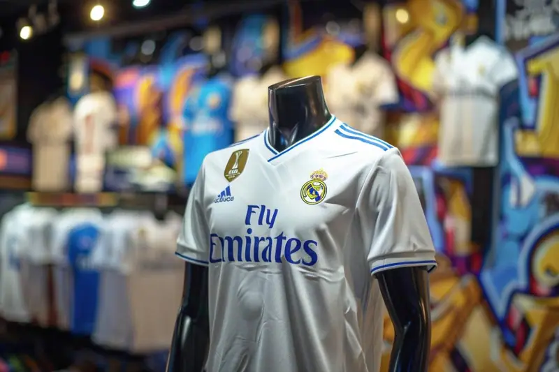 Maillot blanc à rayures bleues exposé sur un mannequin noir devant des vêtements colorés suspendus