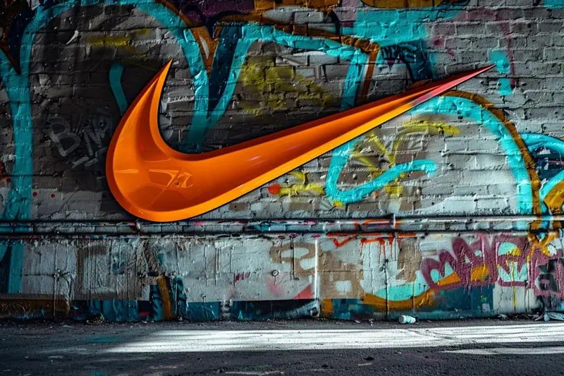 Grand logo orange en forme de virgule sur un mur de briques couvert de graffitis colorés