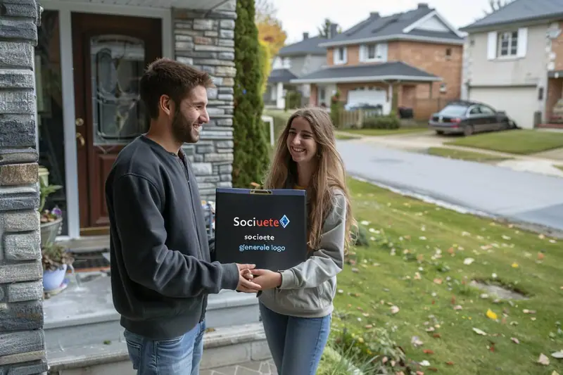 Un homme remet une boîte Société Générale à une femme devant une maison en pierre