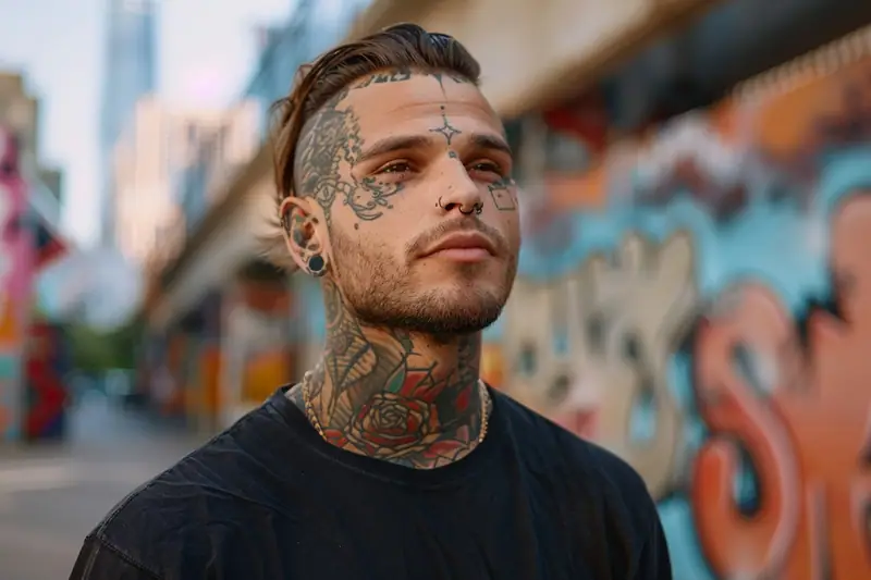 Homme aux tatouages sur le visage et le cou devant un mur couvert de graffitis