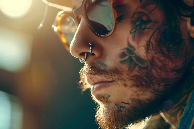 Homme barbu portant des lunettes, un piercing au nez et des tatouages colorés sur le visage