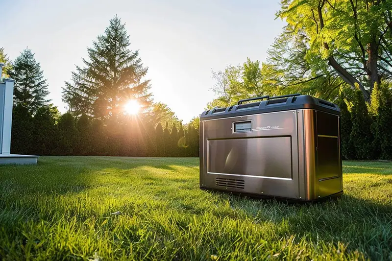 Génératrice grise posée sur une pelouse, devant des arbres éclairés par le soleil bas