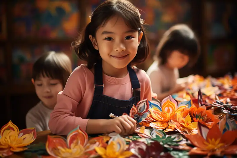 Une enfant découpe des fleurs en papier coloré sur une table encombrée de créations