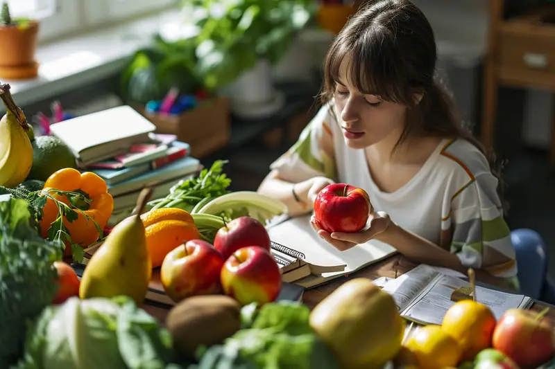 Une femme assise à un bureau tient une pomme rouge parmi des fruits et légumes frais