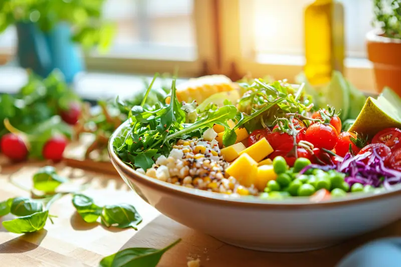 Bol de salade avec légumes colorés, céréales, pois verts et avocat sur une table en bois