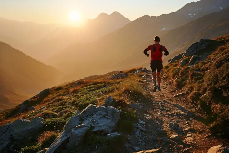 Un homme en tenue rouge court sur un sentier rocailleux de montagne au soleil levant