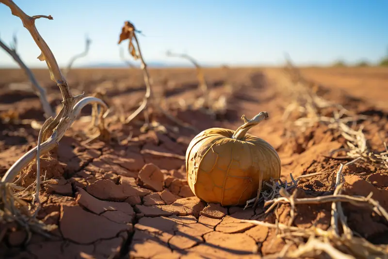 Une petite courge jaune repose sur une terre sèche et craquelée, entourée de tiges desséchées