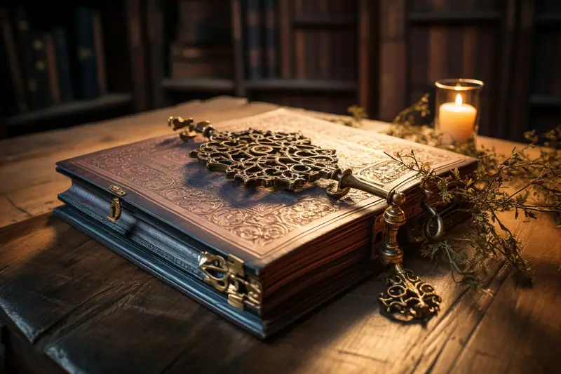 Un livre ancien orné de ferrures repose sur une table, près d’une bougie allumée et de clés métalliques