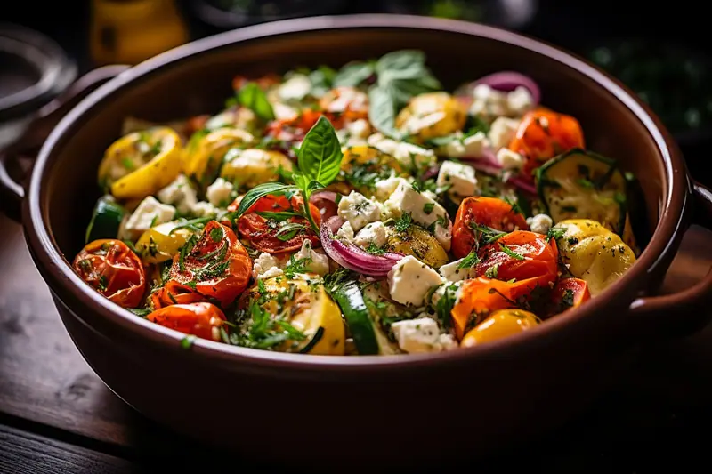 Salade de pâtes aux tomates, courgettes, oignons rouges, feta et herbes dans un grand bol brun