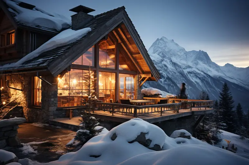 Chalet en bois éclairé, entouré de neige, avec terrasse face aux montagnes enneigées