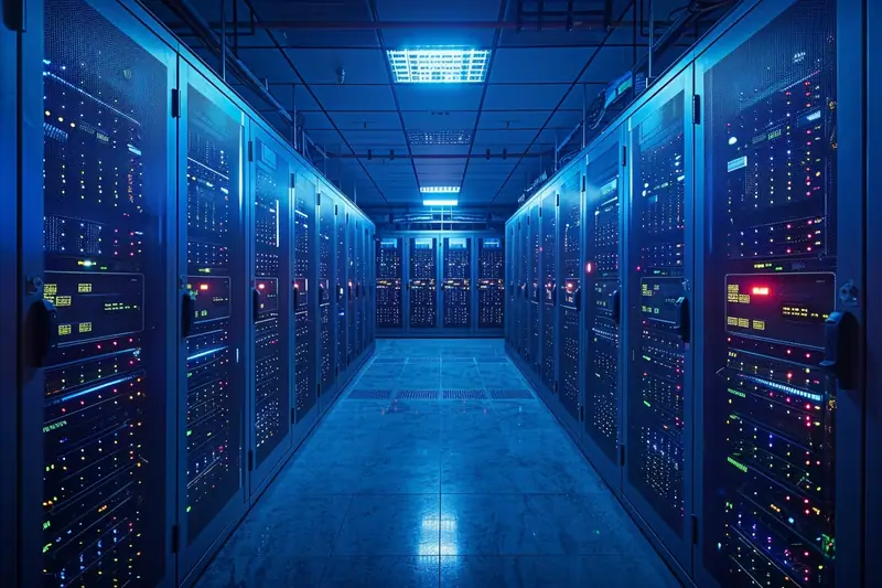 Allée centrale bordée de baies de serveurs noires aux voyants multicolores sous éclairage bleu