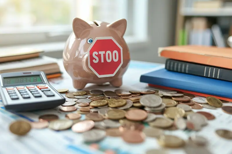 Une tirelire rose, un panneau stop, une calculatrice et des pièces sur un bureau encombré