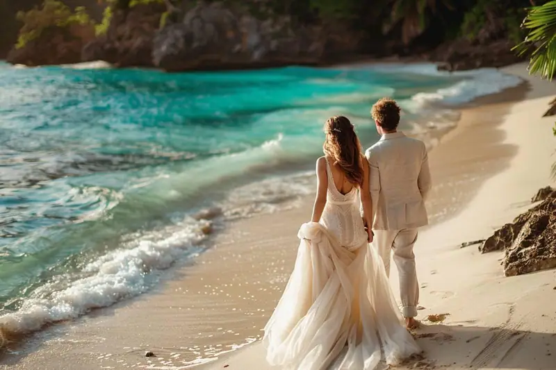 Un couple en tenue blanche marche pieds nus sur une plage au bord d’une eau turquoise