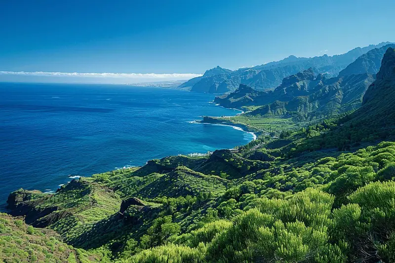 Falaises verdoyantes et montagnes escarpées bordent une mer bleue sous un ciel dégagé
