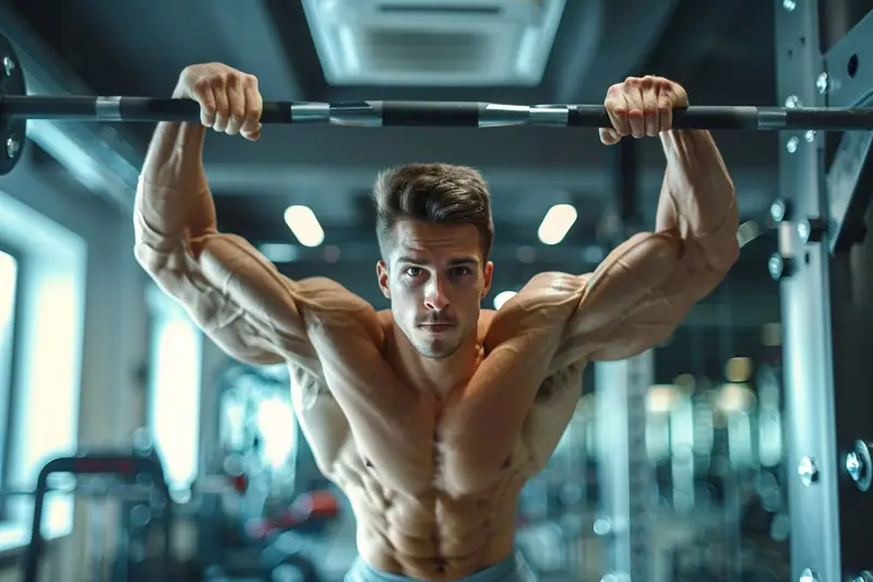 Homme torse nu suspendu à une barre métallique dans une salle de sport