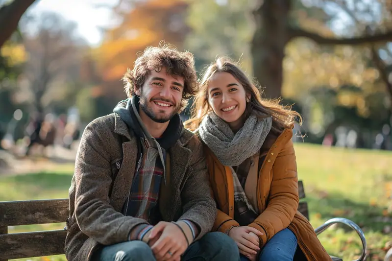Un homme et une femme sourient assis côte à côte sur un banc dans un parc
