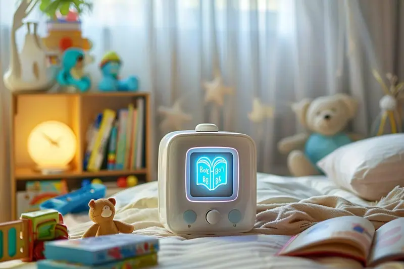 Un réveil éducatif à écran bleu repose sur un lit d’enfant encombré de livres ouverts