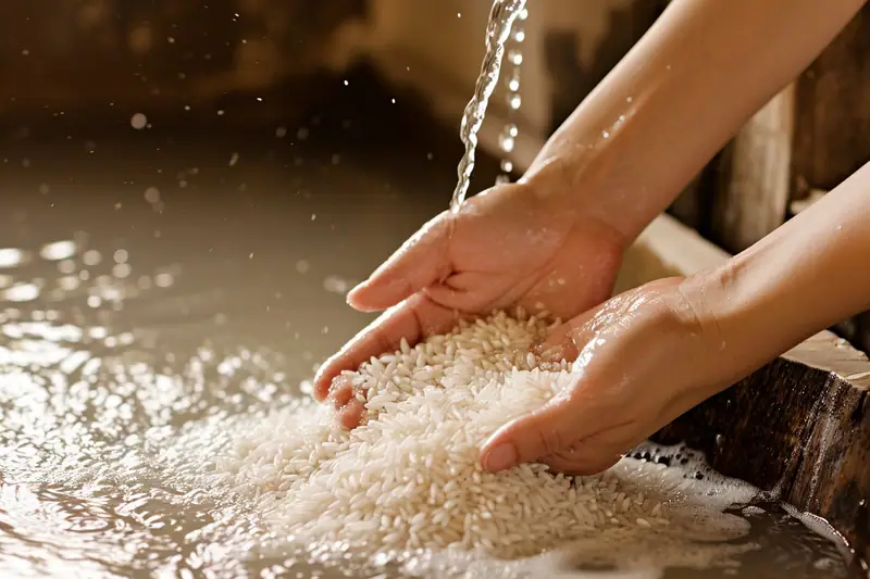 Deux mains rincent un tas de riz blanc sous un filet d’eau dans un récipient métallique