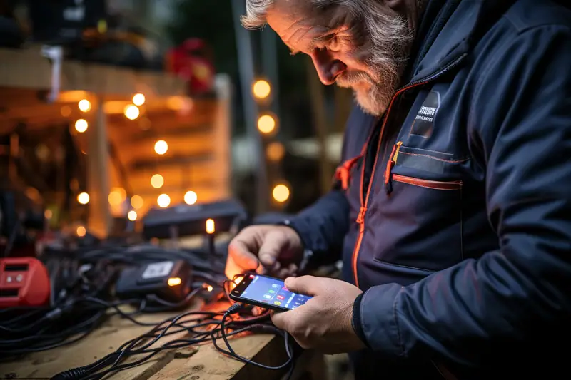 Un homme manipule un smartphone relié à des câbles sur un établi encombré d’outils
