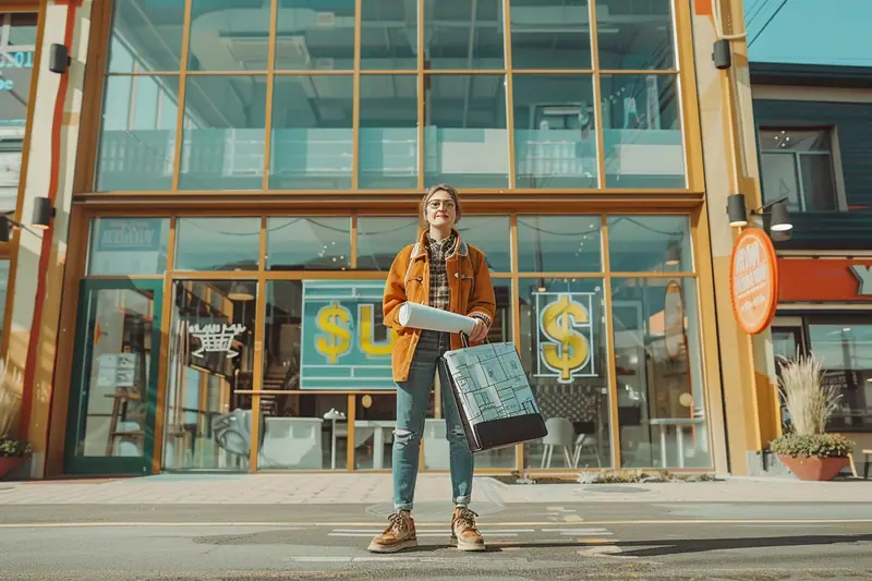 Une femme tient des plans et un sac devant une vitrine commerciale aux grandes baies vitrées