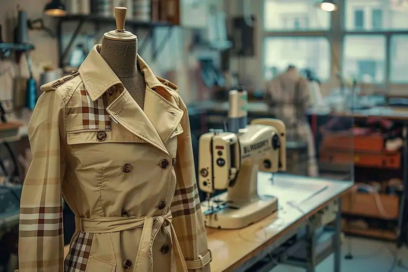 Trench beige à carreaux bruns sur mannequin devant une machine à coudre dans un atelier