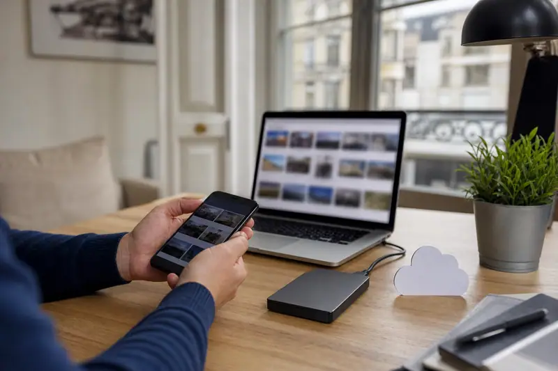 Une personne tient un smartphone devant un ordinateur portable et un disque dur externe sur un bureau