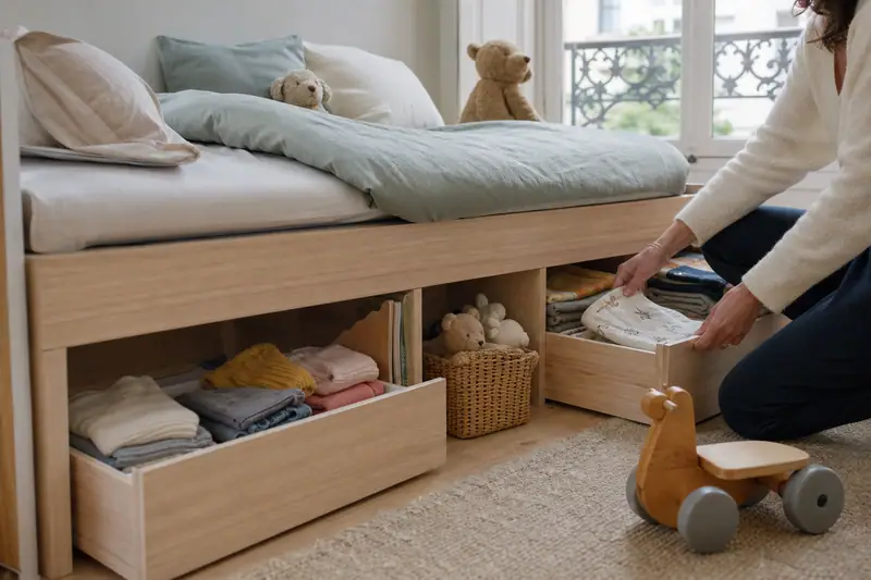 Une personne range des vêtements dans un tiroir sous un lit en bois clair