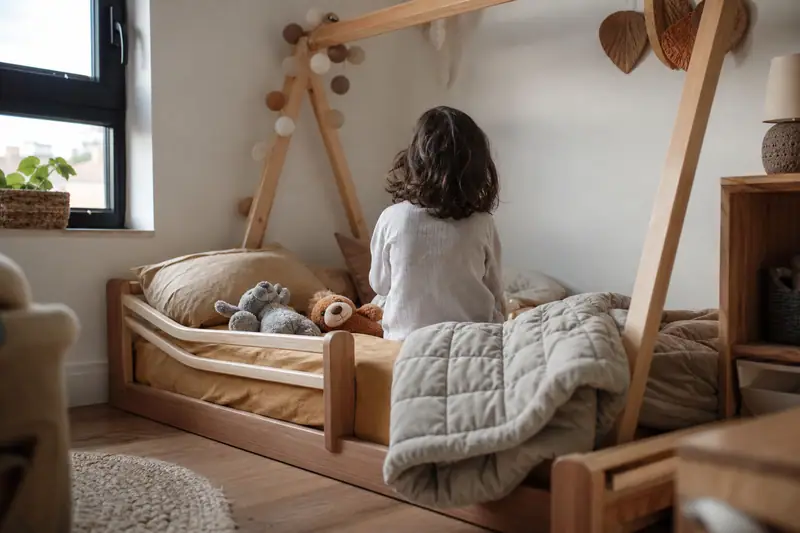 Enfant assis de dos dans un lit cabane en bois, entouré de peluches et couvertures grises