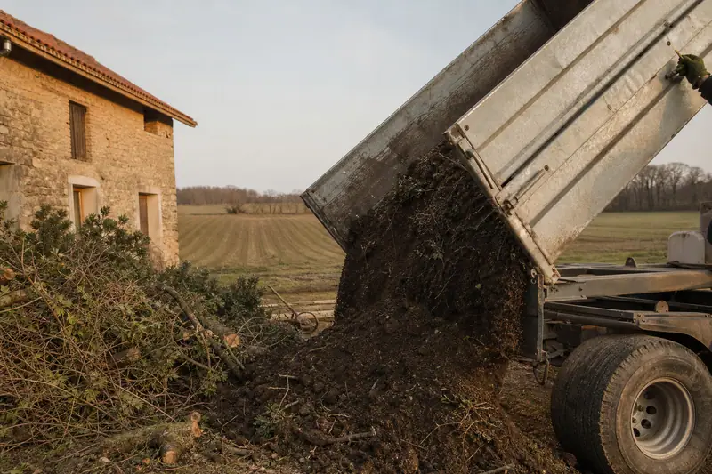Un camion-benne déverse du compost sombre près d’une maison en pierre et d’un champ labouré