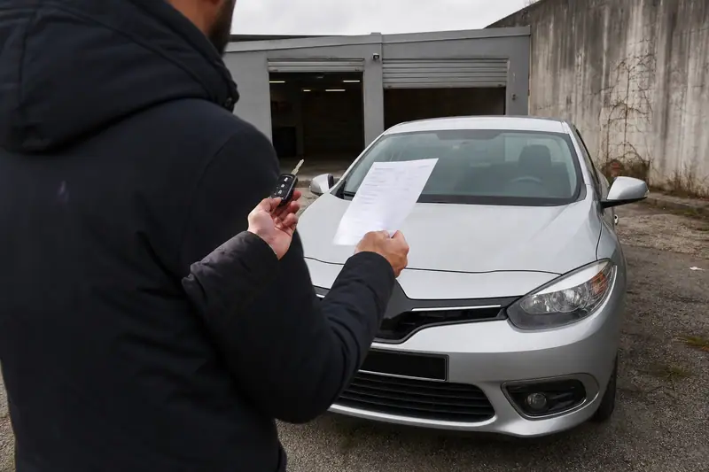 Un homme tient des clés et un document devant une voiture blanche garée dehors