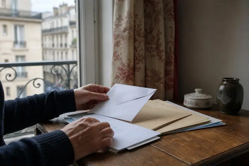 Des mains ouvrent une enveloppe blanche sur un bureau en bois près d’une fenêtre