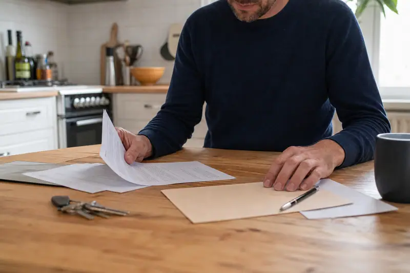 Un homme consulte des documents sur une table en bois, près de clés et d’un stylo