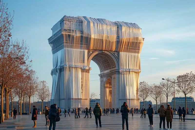 Un monument enveloppé de tissu gris bleuté se dresse devant des passants sur une place bordée d’arbres