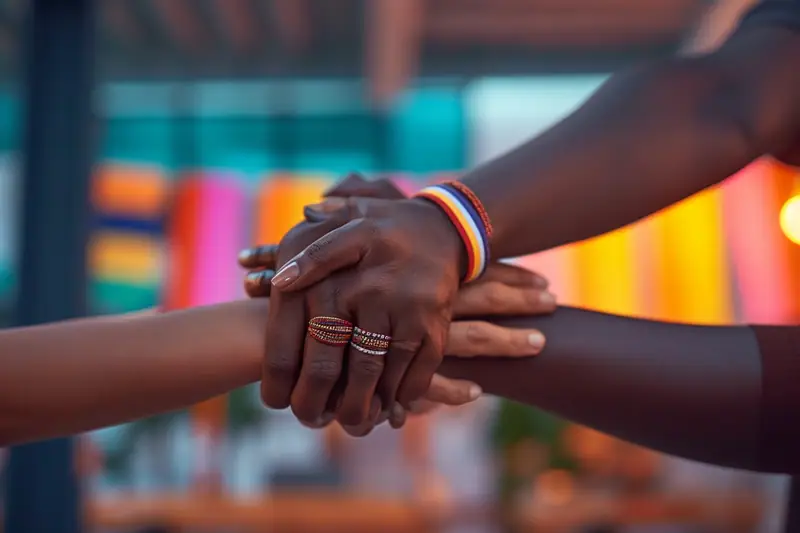 Trois mains se superposent, dont une porte des bracelets colorés et des bagues